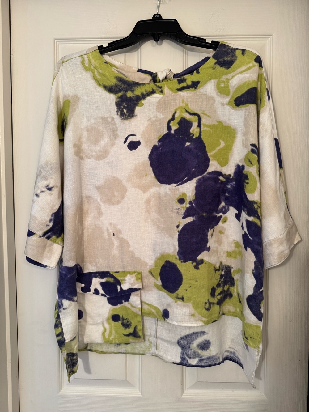 IC by Connie K Floral Watercolor Linen Top in Green, Navy and Cream. Bat sleeves